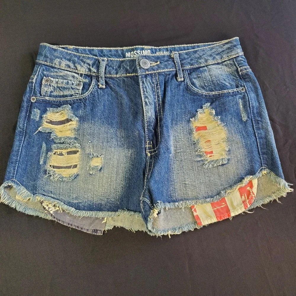 Mossimo Size 5 High Rise Blue Denim Distressed Jean Shorts w/Flag Pocket Liner